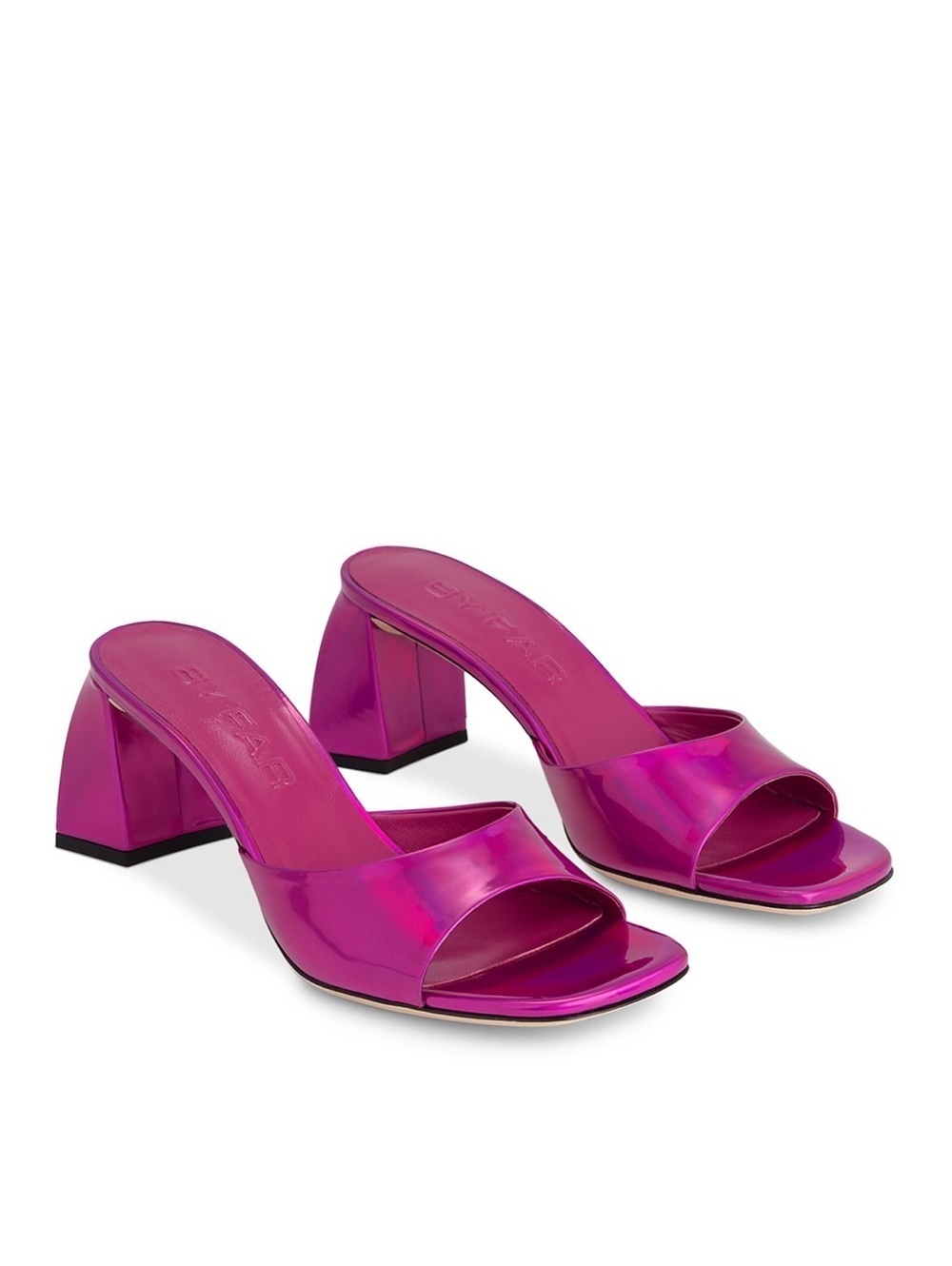 BY FAR Romy Lac Square Toe Block Heel Sandals Iridescent Fuchsia Size 37 NWT